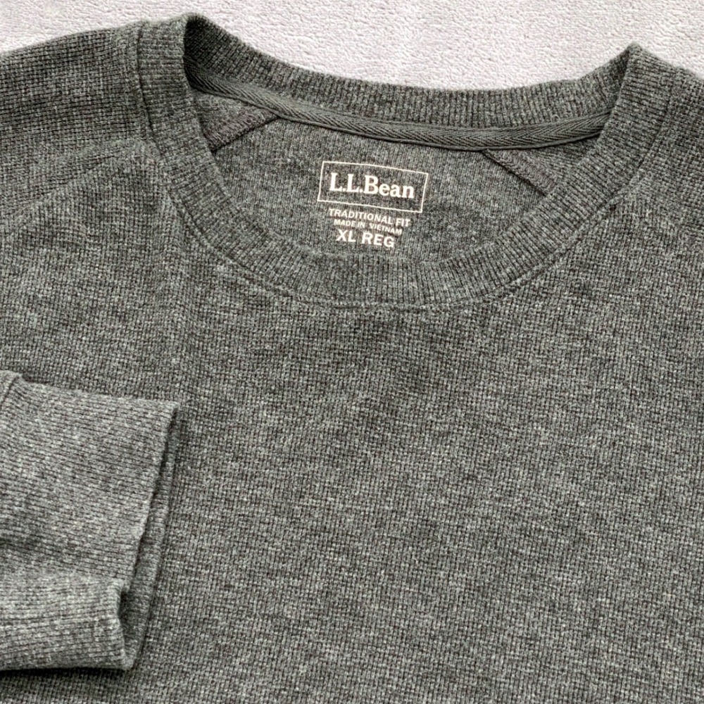 LL Bean Mens XL Waffle Knit Thermal Crew Neck Shirt Gray Cotton Raglan 505672
